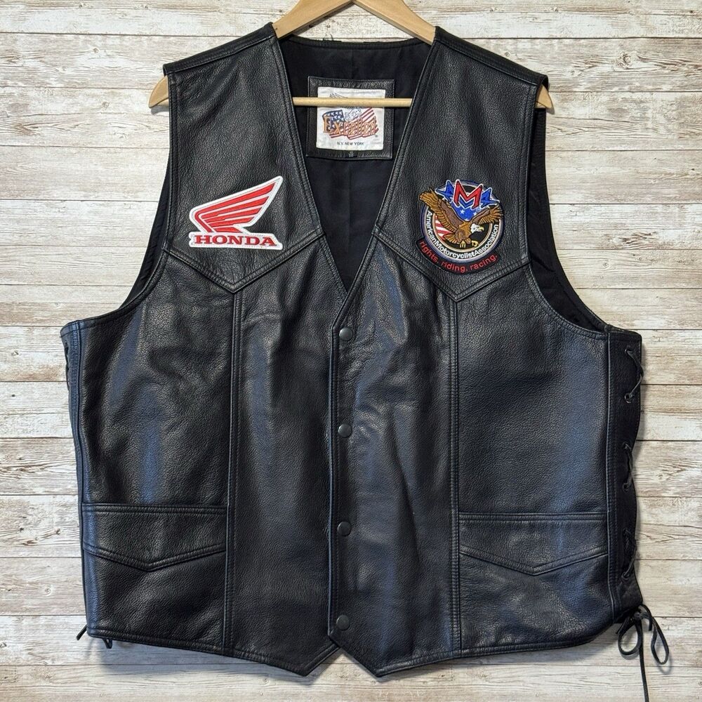 Excelled Mens 48 Big Leather Biker Vest Braided Trim Snap Front Patches Flag